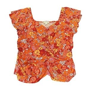 The General Good Retro Orange Floral Ruched Smocked Boho Top M
